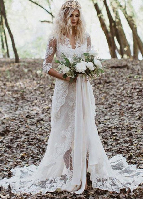 Tulle A - Line Lace Appliques 3/4 - Sleeve V - Neck Romantic Bridal Wedding Gowns - KissProm