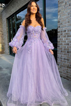 Pink Tulle Strapless A - Line Prom Dress with Balloon Sleeves - KissProm