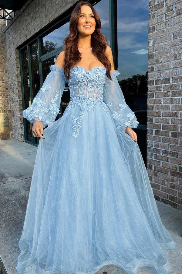 Pink Tulle Strapless A - Line Prom Dress with Balloon Sleeves - KissProm