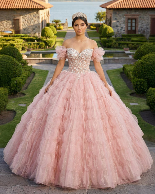 Tulle Tufted Pink Floral Quinceañera Ball Gown Dress - KissProm