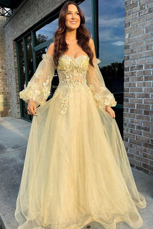 Pink Tulle Strapless A - Line Prom Dress with Balloon Sleeves - KissProm