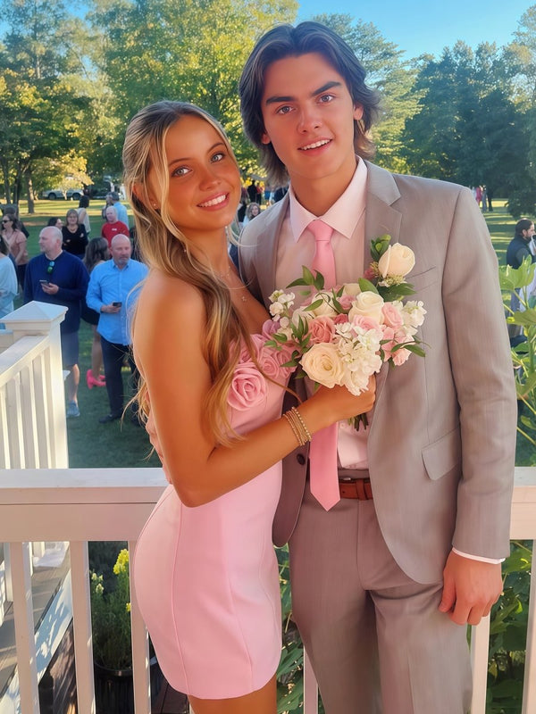 Ulirae | Pink - Strapless Satin Sheath Short Homecoming Dresses With Flowers