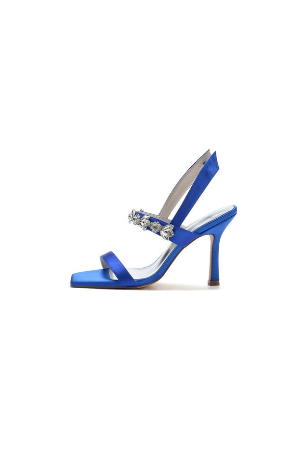Unique Square Open Toe Crystal Strap Chunky Heels - KissProm