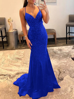 Mermaid V Neck Glitter Satin Prom Dress – Prom Dress by KissProm | Available at KissProm