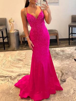 Mermaid V Neck Glitter Satin Prom Dress – Prom Dress by KissProm | Available at KissProm