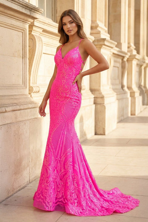 Spaghetti Straps Pink Glitter Backless Mermaid Bodycon Long Prom Dress – Prom Dress by KissProm | Available at KissProm