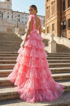 V - Neck Tie Straps Red Floral Print Layered Long Prom Dress - KissProm