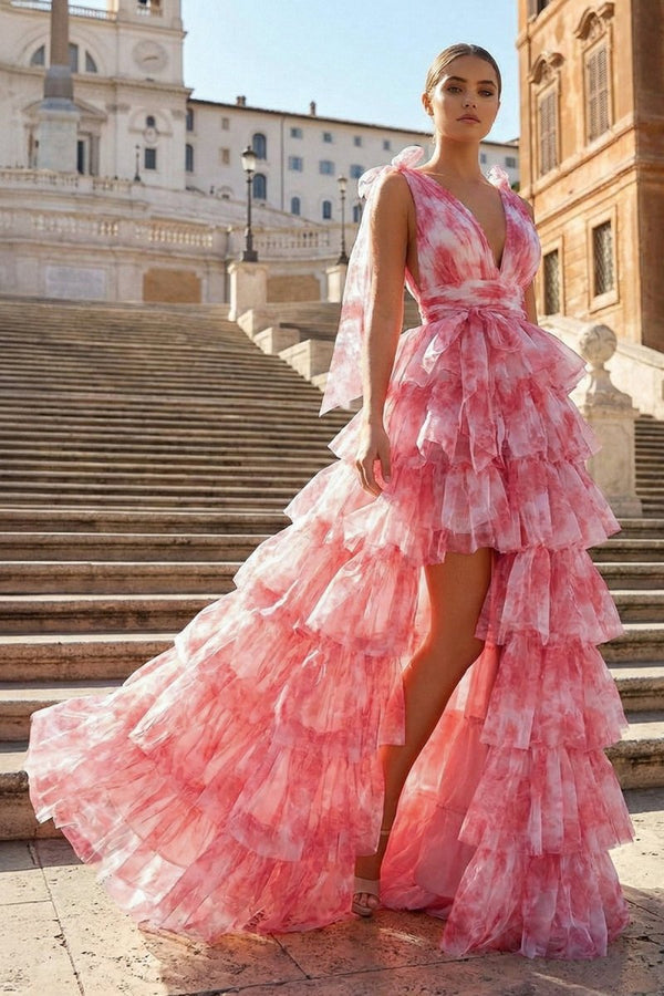 V - Neck Tie Straps Red Floral Print Layered Long Prom Dress - KissProm