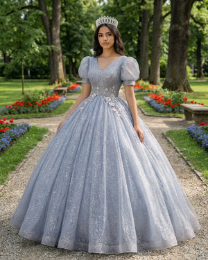 Quinceanera Dress V Neck Tulle Sequin Gray Blue Long Prom Dress - KissProm