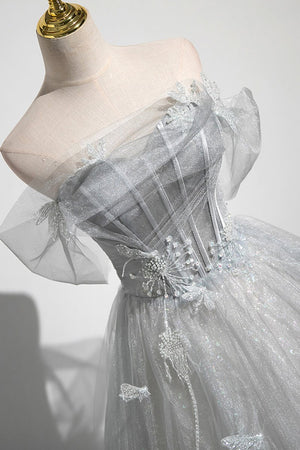 Tiana | Gray A-Line Off the Shoulder Tulle Prom Dress, Lovely Corset Floor Length Party Dress