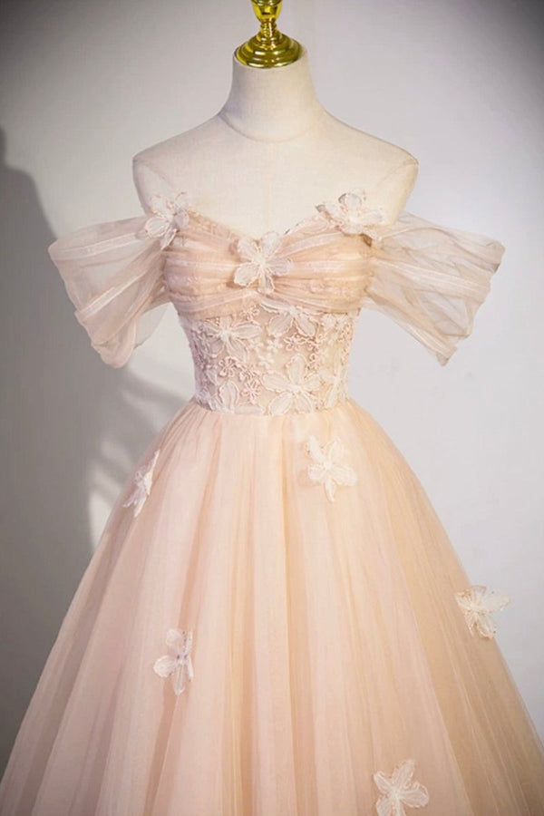 Coraline | Cute Flowers Tulle Long Formal Dresses, Off Shoulder Evening Dresses
