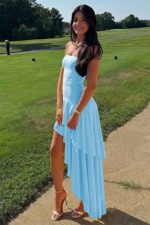 Blue Sheath Strapless Spandex High Low Long Prom Dresses with Ruffles – Prom Dresses by KissProm | Available at KissProm