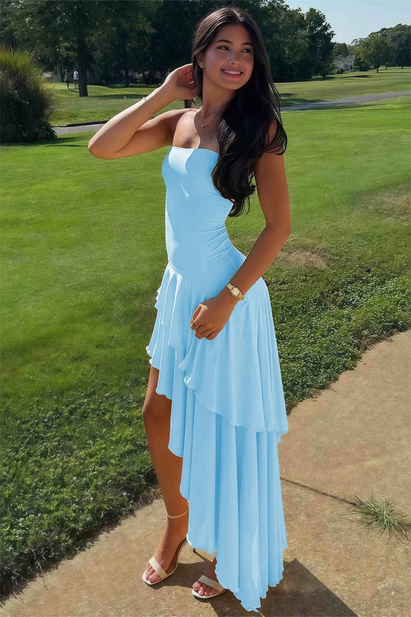 Blue Sheath Strapless Spandex High Low Long Prom Dresses with Ruffles – Prom Dresses by KissProm | Available at KissProm