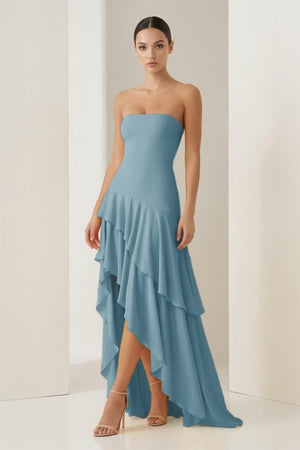 Blue Sheath Strapless Spandex High Low Long Prom Dresses with Ruffles – Prom Dresses by KissProm | Available at KissProm