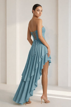 Blue Sheath Strapless Spandex High Low Long Prom Dresses with Ruffles – Prom Dresses by KissProm | Available at KissProm