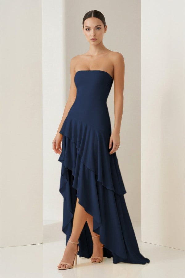 Blue Sheath Strapless Spandex High Low Long Prom Dresses with Ruffles – Prom Dresses by KissProm | Available at KissProm