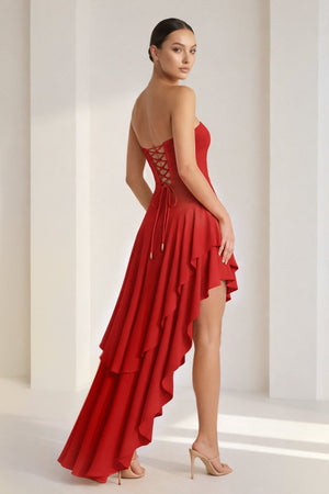 Blue Sheath Strapless Spandex High Low Long Prom Dresses with Ruffles – Prom Dresses by KissProm | Available at KissProm