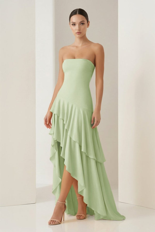 Blue Sheath Strapless Spandex High Low Long Prom Dresses with Ruffles – Prom Dresses by KissProm | Available at KissProm
