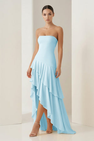 Blue Sheath Strapless Spandex High Low Long Prom Dresses with Ruffles – Prom Dresses by KissProm | Available at KissProm
