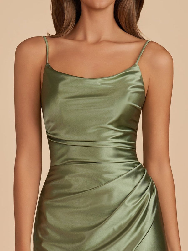 Vaya | Olive - Sheath Spaghetti Straps Pleated Satin Short Homecoming Dress