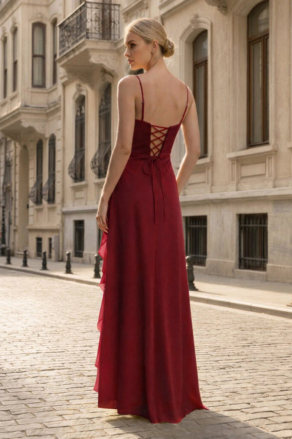 Spaghetti Straps Yellow Chiffon Ruffles Long Prom Dresses with Slit – Prom Dresses by KissProm | Available at KissProm
