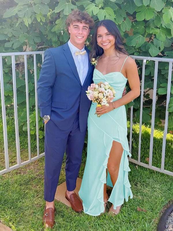 Spaghetti Straps Yellow Chiffon Ruffles Long Prom Dresses with Slit – Prom Dresses by KissProm | Available at KissProm