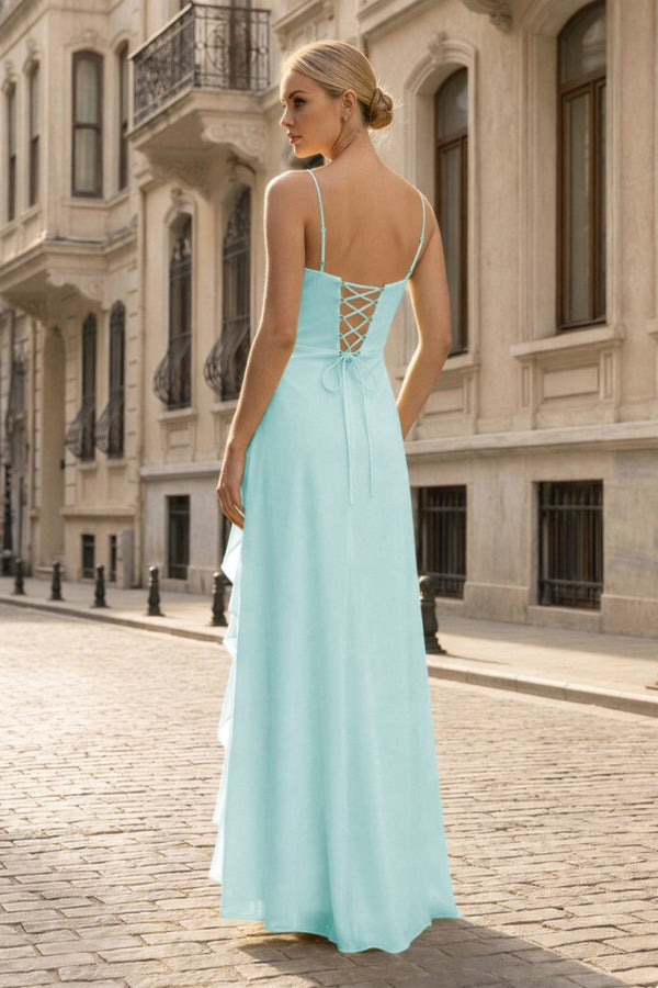 Spaghetti Straps Yellow Chiffon Ruffles Long Prom Dresses with Slit – Prom Dresses by KissProm | Available at KissProm