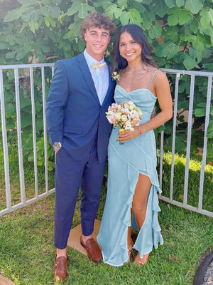 Spaghetti Straps Yellow Chiffon Ruffles Long Prom Dresses with Slit – Prom Dresses by KissProm | Available at KissProm