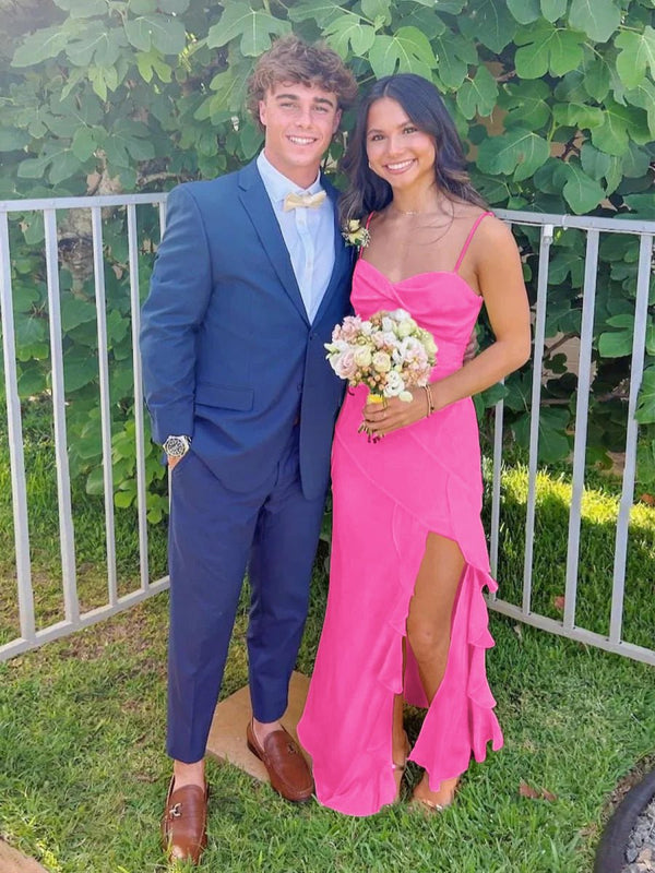 Spaghetti Straps Yellow Chiffon Ruffles Long Prom Dresses with Slit – Prom Dresses by KissProm | Available at KissProm