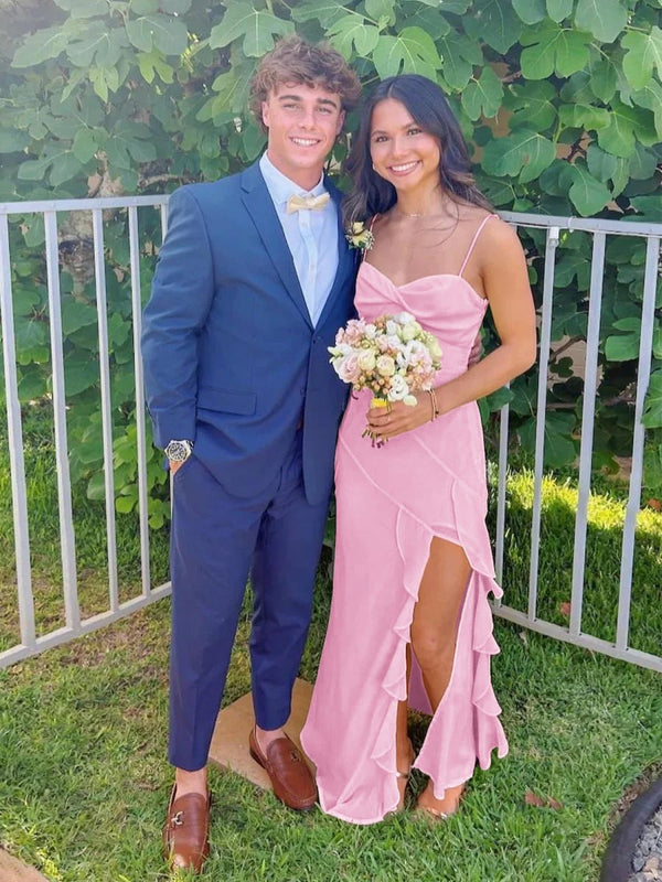 Spaghetti Straps Yellow Chiffon Ruffles Long Prom Dresses with Slit – Prom Dresses by KissProm | Available at KissProm