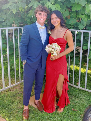 Spaghetti Straps Yellow Chiffon Ruffles Long Prom Dresses with Slit – Prom Dresses by KissProm | Available at KissProm