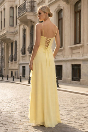 Spaghetti Straps Yellow Chiffon Ruffles Long Prom Dresses with Slit – Prom Dresses by KissProm | Available at KissProm