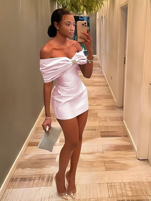 Vian | Pink - Off The Shoulder Satin Bodycon Short Homecoming Dress With Beading