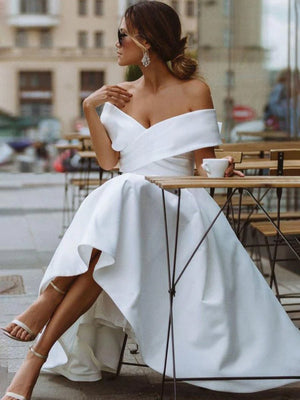 A - Line Satin Tea Length White Off the Shoulder Wedding Dress - KissProm