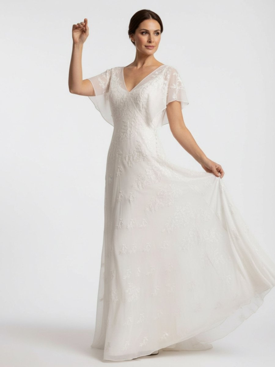 Vintage Graceful Floral V-neck V-back Side Button Decorated Lace Wedding Dress With Butterfly Sleeves – Wedding Dresses by Kissprom | Available at KissProm