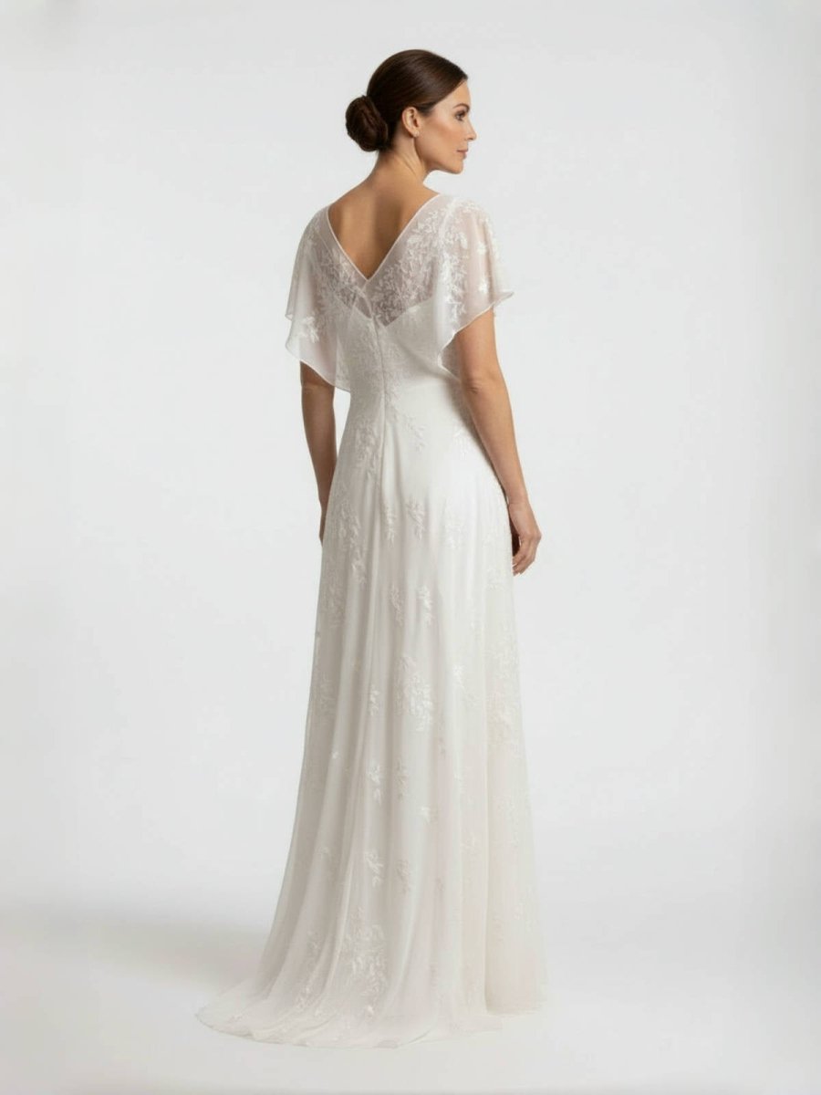 Vintage Graceful Floral V-neck V-back Side Button Decorated Lace Wedding Dress With Butterfly Sleeves – Wedding Dresses by Kissprom | Available at KissProm