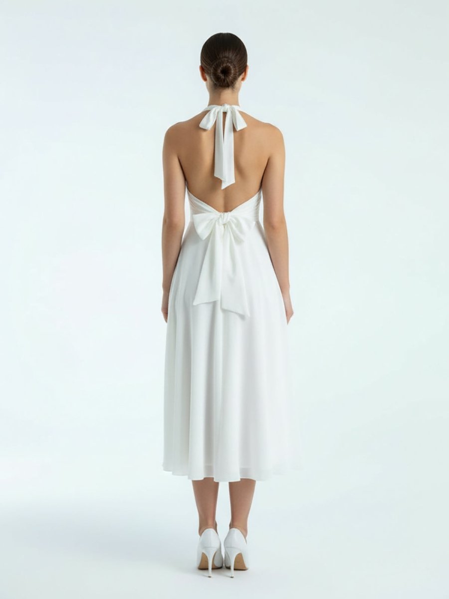 Sebella | Vintage Tea - Length Chiffon Wedding Dress With Halter Neck and Bow - KissProm