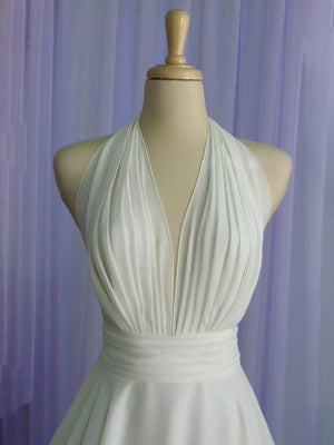 Sebella | Vintage Tea - Length Chiffon Wedding Dress With Halter Neck and Bow - KissProm