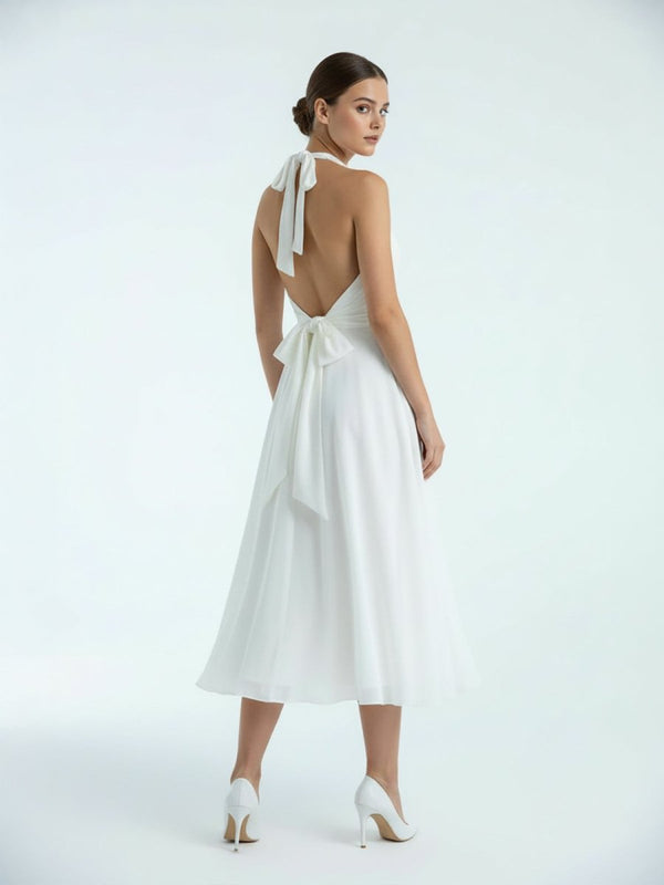 Sebella | Vintage Tea - Length Chiffon Wedding Dress With Halter Neck and Bow - KissProm