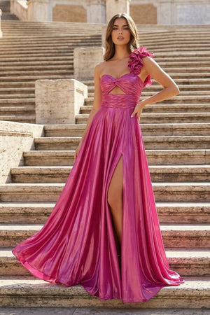 A-Line Fuchsia One Shoulder Keyhole Pleated Metallic Prom Dress with Slit – Prom Dresses by KissProm | Available at KissProm