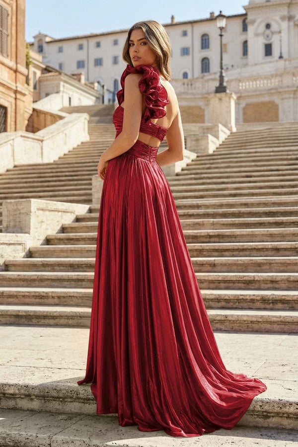 A-Line Fuchsia One Shoulder Keyhole Pleated Metallic Prom Dress with Slit – Prom Dresses by KissProm | Available at KissProm