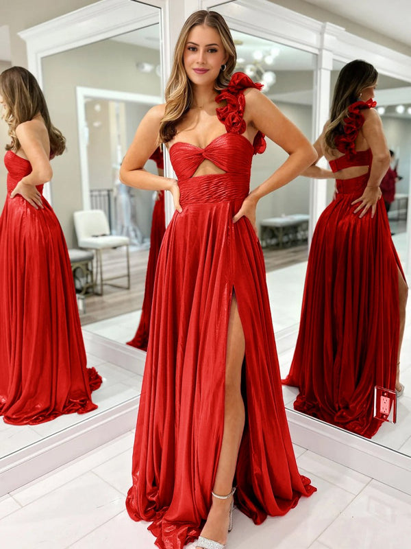 A-Line Fuchsia One Shoulder Keyhole Pleated Metallic Prom Dress with Slit – Prom Dresses by KissProm | Available at KissProm