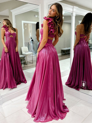 A-Line Fuchsia One Shoulder Keyhole Pleated Metallic Prom Dress with Slit – Prom Dresses by KissProm | Available at KissProm