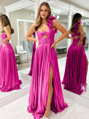 A-Line Fuchsia One Shoulder Keyhole Pleated Metallic Prom Dress with Slit – Prom Dresses by KissProm | Available at KissProm