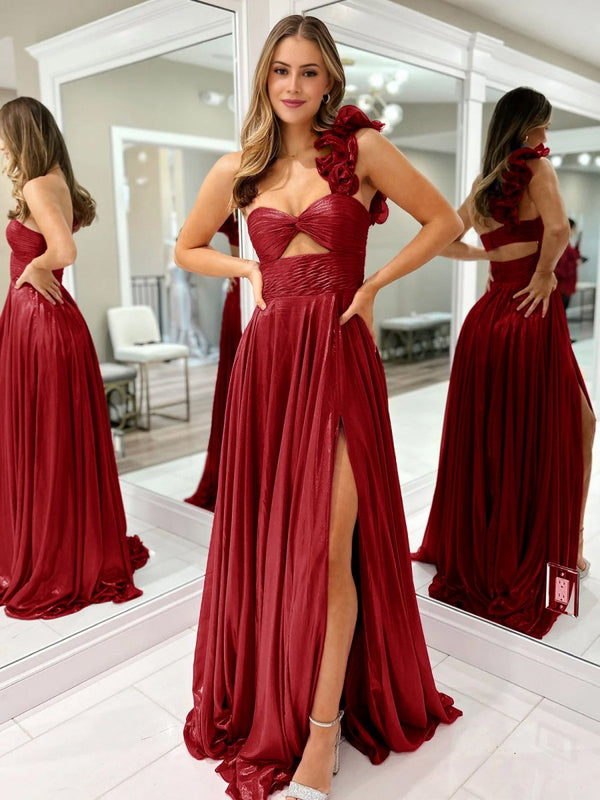 A-Line Fuchsia One Shoulder Keyhole Pleated Metallic Prom Dress with Slit – Prom Dresses by KissProm | Available at KissProm