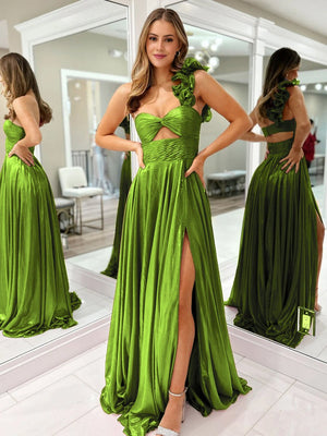 A-Line Fuchsia One Shoulder Keyhole Pleated Metallic Prom Dress with Slit – Prom Dresses by KissProm | Available at KissProm