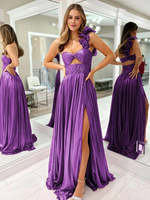 A-Line Fuchsia One Shoulder Keyhole Pleated Metallic Prom Dress with Slit – Prom Dresses by KissProm | Available at KissProm