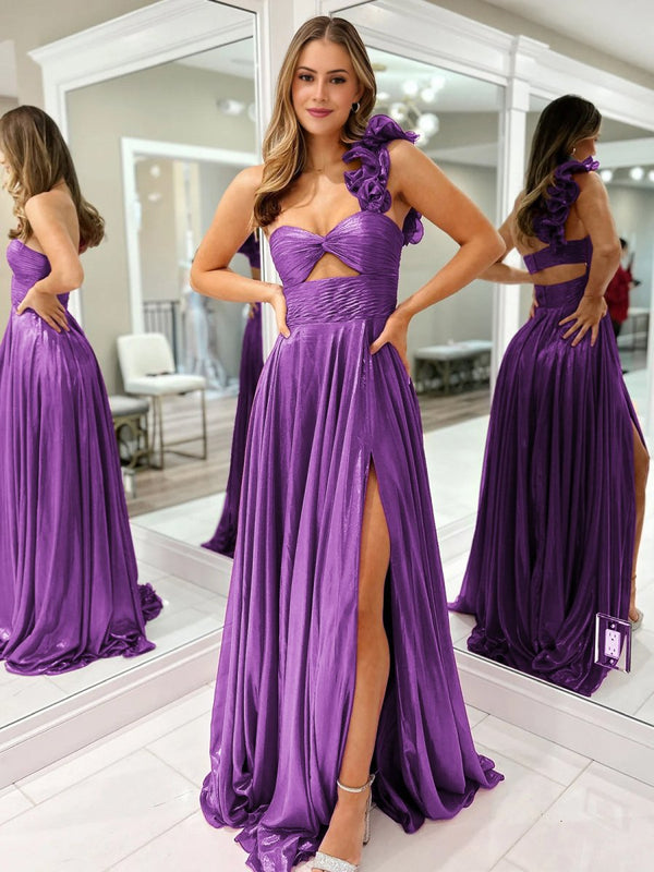 A-Line Fuchsia One Shoulder Keyhole Pleated Metallic Prom Dress with Slit – Prom Dresses by KissProm | Available at KissProm