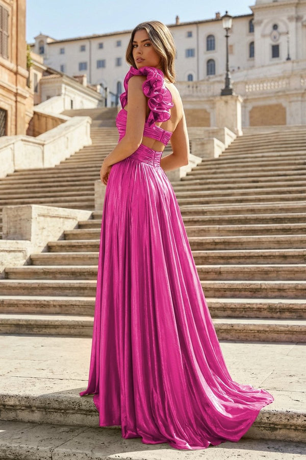 A-Line Fuchsia One Shoulder Keyhole Pleated Metallic Prom Dress with Slit – Prom Dresses by KissProm | Available at KissProm