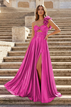 A-Line Fuchsia One Shoulder Keyhole Pleated Metallic Prom Dress with Slit – Prom Dresses by KissProm | Available at KissProm